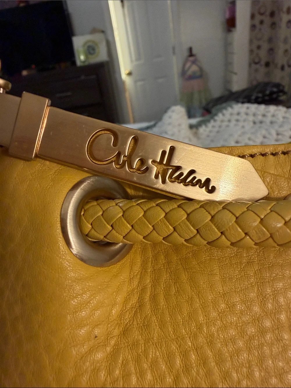 Cole Haan Yellow Pebbled Leather Drawstring Shoulder Bag